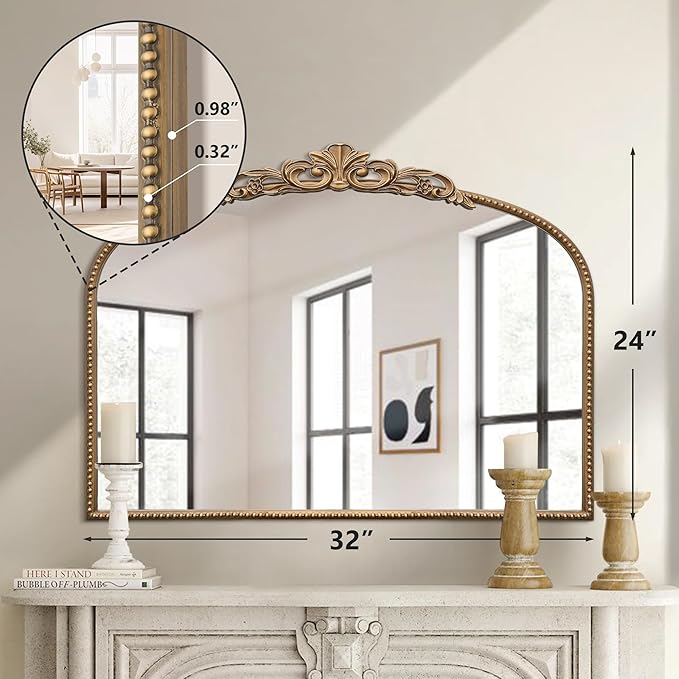 Micasso Gold Vintage Wall Mirror: 24"x 32" French Baroque Antique Arched Wall Mounted Mirror - Traditional Ornate Decorative Entryway Mirror for Home Decor/Entryway/Fireplace/Living Room/Hallway