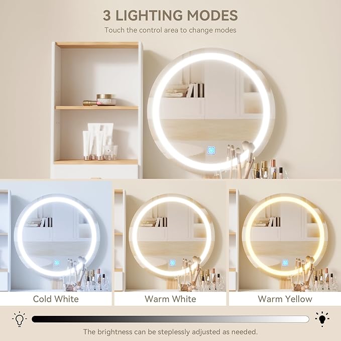 YOURLITE Makeup Vanity Desk with Lights,Small Vanity with Adjustable Brightness Mirror for Samll Spaces,Vanity Desk with Drawers and Storage Shelves