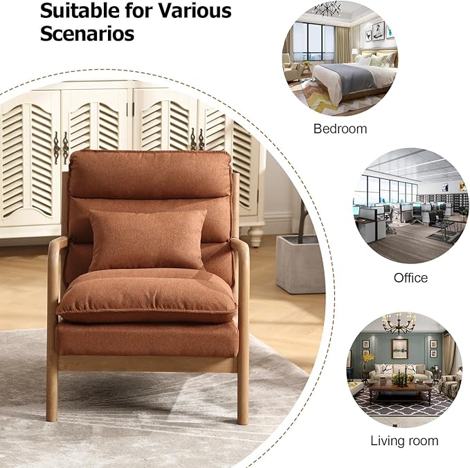 INZOY Accent Chairs Set of 2, Mid Century Modern Accent Chair with Wood Frame, Upholstered Reading Armchair with Waist Cushion, Side Chair for Living Room Bedroom Office, Easy Assembly, Brown