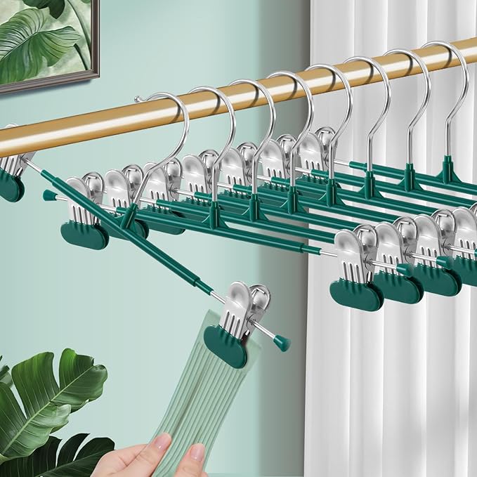 Clothes Pants Hangers with Wide Clips 10 Pack,Non-Slip Adjustable Skirt Hanger for Women,Space-Saving Heavy Duty Men Hangers for Pants,Trousers,Jeans,Shorts 12Inch Green