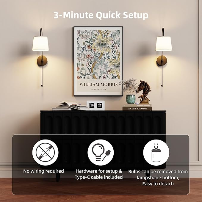 Wall Decor Sconces Set of Two Battery Operated, Rechargeable Wireless Wall Lights for Living Room Bedroom, 2 Battery Powered Wall Lamp with Magnetic Dimmable RGB Bulbs & Remote - Black