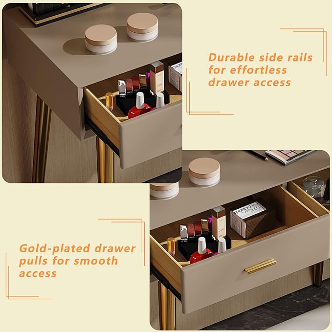 Vanity Desk with Adjustable Mirror and Lights, Makeup Desk with Drawers and Chair, Dressing Table Set with Leather Surface, Small Vanity Table for Bedroom, 3 Lighting Modes (Cappuccino)