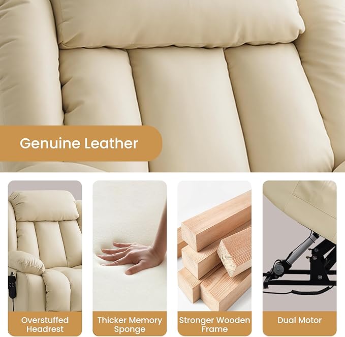 TEKAMON Power Lift Recliner Chair for Elderly with Heat & Massage, Dual Motor Genuine Leather Recliner, Lay Flat Sleeping Chairs with Infinite Position, RemoteControl(Beige, Extended)