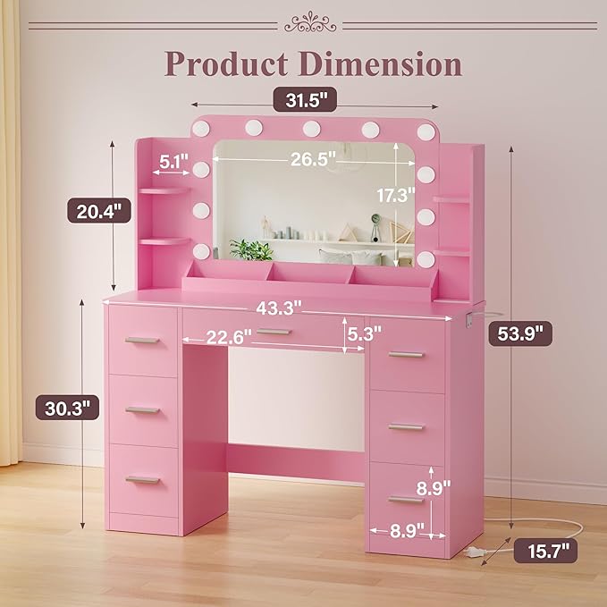 JUMMICO Makeup Vanity Desk with Large Mirror and Lights, Vanity with Power Strip and Hairdryer Holder, 6 Open Shelves and 7 Drawers Modern Dressing Table, for Bedroom (Pink)