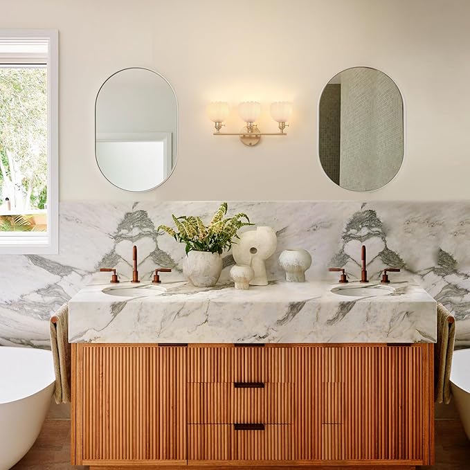 Bathroom Light Fixtures, 3-Light Brass Vanity Wall Light Over Mirror with White Tulip Glass Shade for Bedroom Living Room