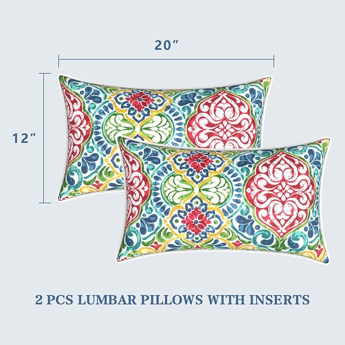 LVTXIII Set of 2 Outdoor Lumbar Pillows for Patio Furniture with White Piping, 12"x20" Fade Resistant Patio Lumbar Pillows with Inserts for Home Coach Sofa Use, Damask Red