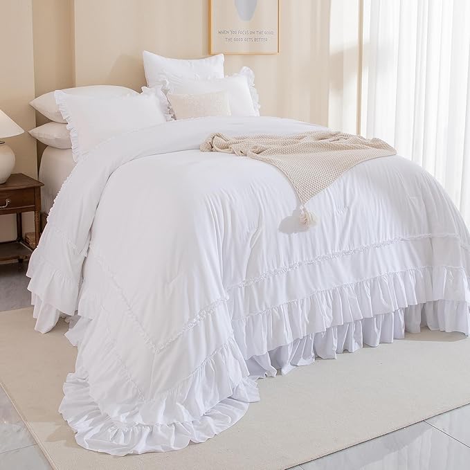 QSH Oversized King Comforter Set 120x120，White Farmhouse Ruffled Bed Comforter Shabby French Country Rustic Vintage Bedding Comforter Microfiber Soft Lightweight Fluffy Bedding 3 PCs