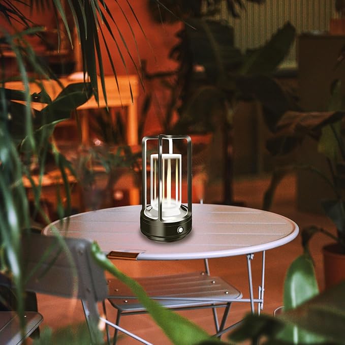 Portable Metal Table Lamp, 4000 mAh Outdoor Table Lights Rechargeable, 3 Color Stepless Dimmable Battery Operated Lamp for Patio, Camping, Bar Samll Desk Lamp for Indoor/ Outdoor (Black)