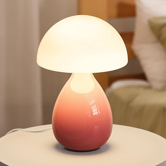 Mushroom Lamp Table Light, Mini Modern Lamp Bedside Small Table Nightstand LED, Small Light Dimmable for Bedroom, Living Room, Ceramic Base Glass Led Home Decor for Woman Children Gift