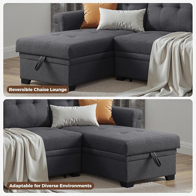 83 Inch L Shaped Modular Convertible Sleeper Sectional Sofa Bed with Storage Chaise and Pull-Out Bed, Linen Upholstered Reversible Corner Couch for Living Room, Home Furniture, Dark Gray