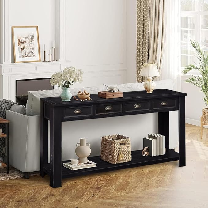 Console Table for Entryway, 60 Inch Sofa Table Narrow Long Hallway Table, ConsoleTable w/4 Drawers and Bottom Shelf for Living Room Entryway Home,Kitchen Counter,Black