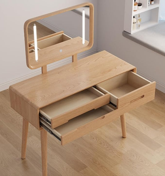 Soild Wood Vanity Table 38 IN with Light Mirror High Adjustable, Make Up Desk Large Dressing Table 3 Lighting Modes, Makeup Vanity 3 Drawer Dresser Vanity Table Wooden for Checkroom Apartment Bedroom