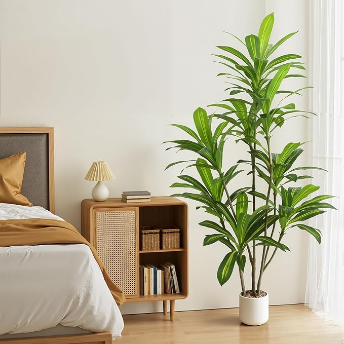 Artificial Dracaena Tree 6FT Tall, Realistic Faux Indoor Floor Plant for Home & Office Decor, White Round Planter with Decorative Stones – UPBUD