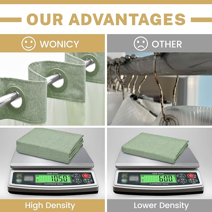 Extra Long No Hook Shower Curtain with Snap in Liner, Polyester Textured Shower Curtain with Liner Set, Waterproof Washable Hotel Style Shower Curtains for Bathroom, 71Wx86H, Sage Green