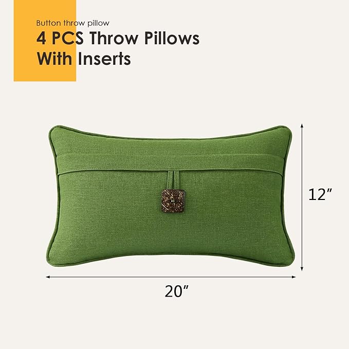 Outdoor Decorative Pillows with Coconut Button Pack of 4, 20" x 12" Outdoor Pillow Set for Couch Bed Throw Patio Sofa, Grass Green