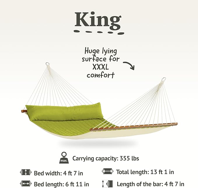 LA SIESTA® Alabama Quilted Hammock with Spreader Bar & TreeMount, Fabric Tree Hammock with Tree Straps for Beams Posts - Weatherproof Outdoor Hammock - 2 Person Double Hammock Bed - XL King, Avocado