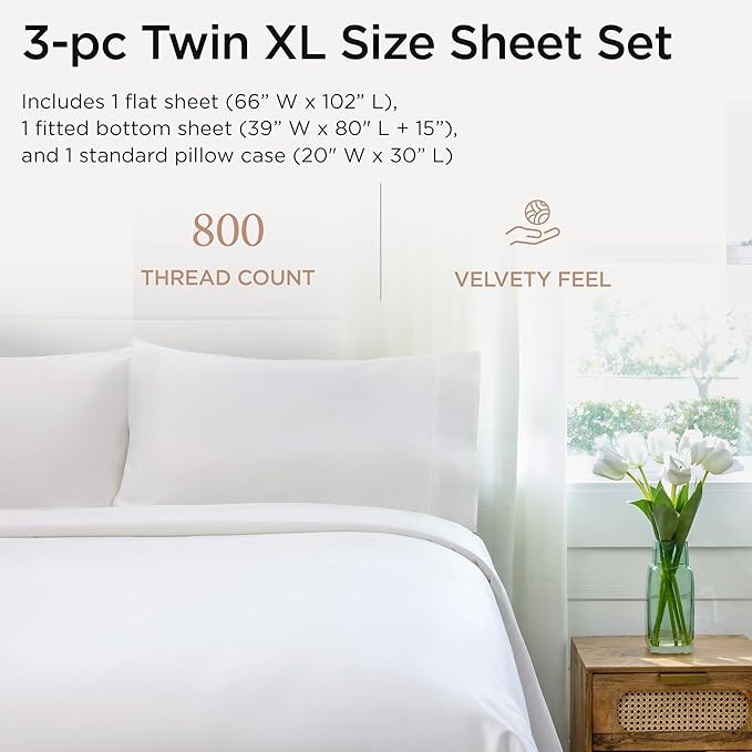 Threadmill Luxury 800 Thread Count 100% Cotton Sheets - Sateen Weave Twin XL Bed-Sheets, Better Than Egyptian Cotton,3 Pc Solid Bedding Set (Hotel White), Fits 15" Deep Pocket