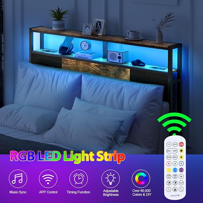 Full Size Headboard, Headboards with Charging Station, USB Port and LED Light, Head Board with 2-Tier Storage Shelf, Adjustable Height, Easy Assembly, Sturdy and Stable, Rustic Brown