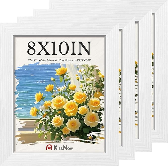 8x10 Picture Frame 4 Pack, White Solid Wood Gallery Photo Frame, Wall Hanging or Tabletop Display