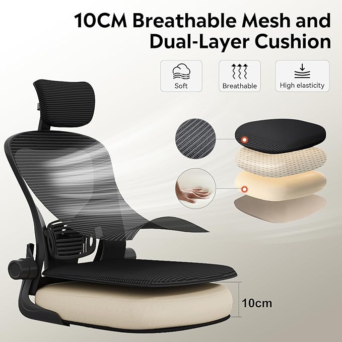 DEVAISE Office Chair High Back Mesh Ergonomic Desk Chair with Flip-up Armrests, Adjustable Headrest and Lumbar Support, Black