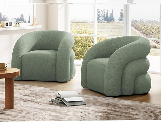 Swivel Accent Chair Set of 2,Upholstered Sherp Barrel Armchair 362° Round Modern Boucle Chair No Assembly for Living Room,Comfy Single Sofa Chairs for Bedroom(Green)