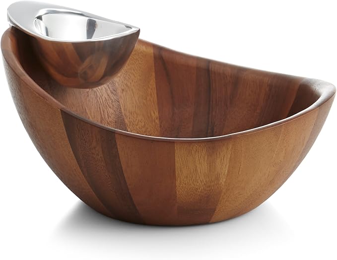 Nambé Harmony Chip & Dip Serving Bowl 12” x 6.5”, Acacia Wood with Removable Dip Dish for Chips & Salsa, Appetizers & Snacks, Party & Entertaining, Kitchen & Dining, Buffet & Snack Bowls