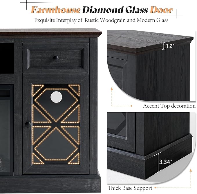 AMERLIFE Farmhouse Fireplace TV Stand with 37" Fireplace, 70" Large LED Media Entertainment Center for 80" TVs, 31" Tall Highboy TV Console Cabinet with Diamond Door for Living Room, Espresso+Gray