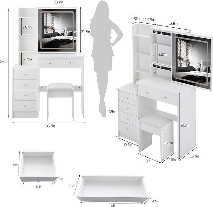 37" Vanity Desk with Mirror and Lights, Makeup Table with Led Lights and Sliding Mirror, 3 Lighting Colors, Vanity Set with Drawers and Stool for Bedroom, White