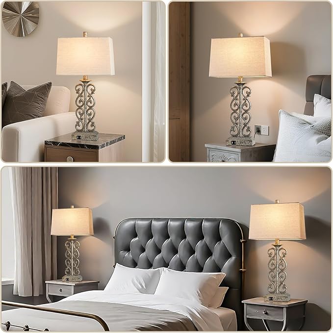 25" Set of 2 Farmhouse Touch Resin Table Lamps with 2 USB Ports, 3-Way Dimmable Rustic Vintage Nightstand Industrial Table Lamp for Bedroom Living Room Dorm, 2 Bulbs Included