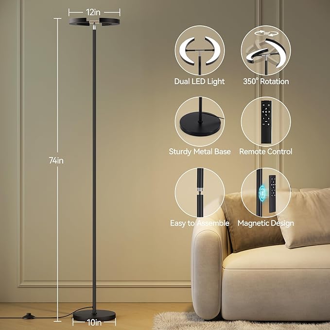 SUNMORY Floor Lamps for Living Room, 28W Bright LED Floor Lamp with 2 Rotatable Lights & Remote Control, 74" Tall Standing Lamp with Stepless Dimmable, Modern Reading Corner Lamp for Bedroom, Office