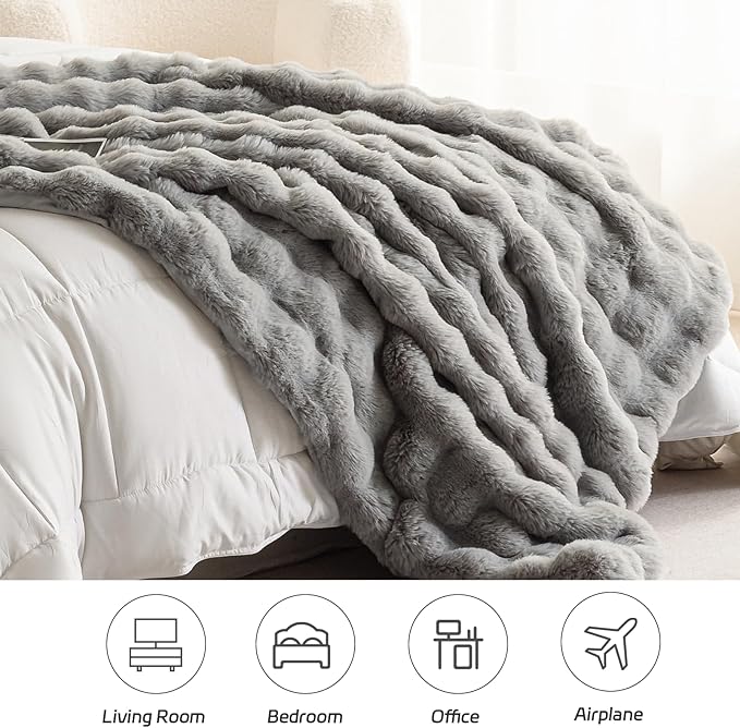 Faux Rabbit Fleece Twin Blanket for Couch & Bed - Gray Fluffy Plush Thick Winter Fleece, Ultra Soft Bubble Texture Cozy Home Decor for Sofa Bedroom Living Room, 60x80 Inch