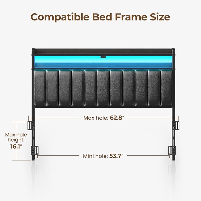 Rolanstar Headboard for Queen Size Bed with Storage, 60,000 DIY Color of LED Light, Head Board with USB, Type C Port, Height Adjustable, Black Upholstered Cabeceras de Cama Comfortable Modern, Leather