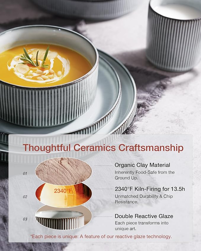 Famiware Star Dinnerware Set with Pasta Bowls, Service for 4 (16pcs), Ribbed Stoneware Plates and Bowls Dishes Sets - Chip & Scratch Resistant, Microwave & Dishwasher Safe, Smoky Blue