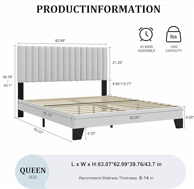 Queen Size Bed Frame, Fabric Upholstered Platform Bed with Adjustable Headboard, Sturdy Frame and Wooden Slats, Noiseless, No Box Spring Required, Easy to Assemble, Light Grey