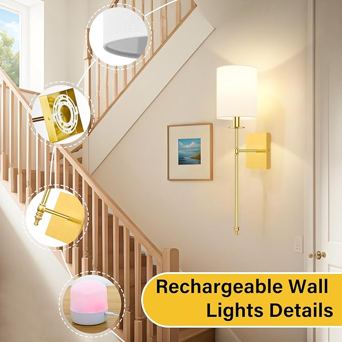 27 Inch Wall Sconces Battery Operated Set of 2, Rechargeable Wireless Wall Sconces Lights with Remote, Not Hardwired Dimmable Gold Wall Lamps with White Fabric Shade for Bedroom, 2 Bulbs Included