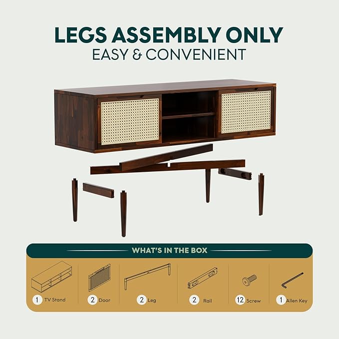 Bme Oliver TV Stand for TVs up to 55", Mid-Century Solid Wood TV Console with Natural Rattan Door, Media TV Console, Entertainment Center with Storage, Fluted Media Cabinet for Living Room, Walnut