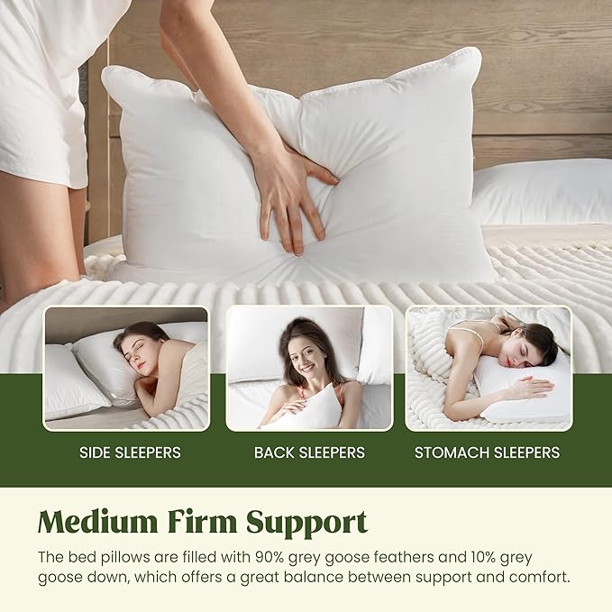 puredown® Goose Feather Down Pillows, Bed Pillows for Sleeping with 2 Outer Protectors, Hotel Standard/Queen Pillows Set of 2 (Pack of 2)