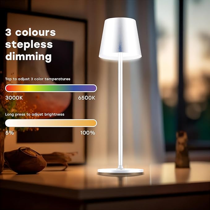 2 Pack Cordless Table Lamp,Portable LED Desk Lamp, 5200mAh Battery Operated, 3 Color Stepless Dimming Up, for Restaurant, Bedroom, Bars, Outdoor Party, Camping, Coffee Shop Night Light White