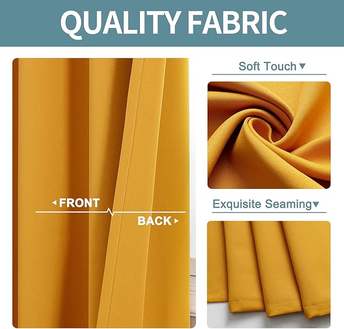 ChrisDowa Small Window Curtains for Kitchen and Bedroom - Grommet Short Thermal Insulated Room Darkening Curtains (2 Panels, Mustard Yellow, 34 x 36 Inch)