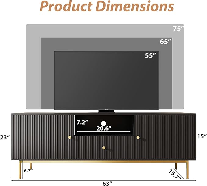 Fluted TV Stand, Modern TV Stand for 70 Inch TV, Entertainment Center with 2 Storage Cabinets, Fluted Panel Media Console for Living Room, Bedroom, Office, Black
