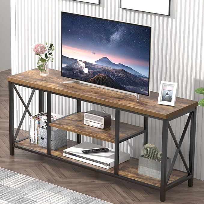 EXCEFUR 55 Inch TV Stand for Televisions up to 65 Inch, Modern Entertainment Center with Storage Shelves, Industrial Media TV Console for Living Room, Bedroom, Rustic Brown