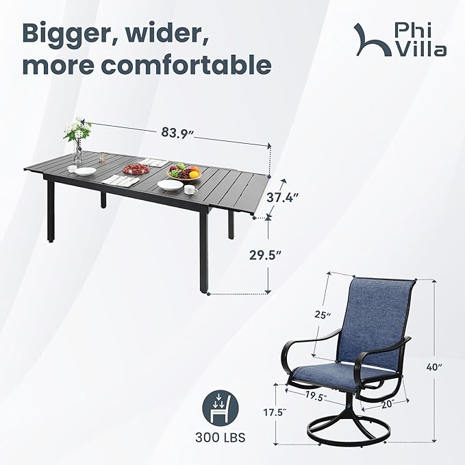 PHI VILLA 9 Piece Outdoor Patio Dining Set, Extendable Large Patio Table and 8 Swivel Dining Chairs, Outdoor Furniture Table and Blue Chairs Set for 6-8 Person