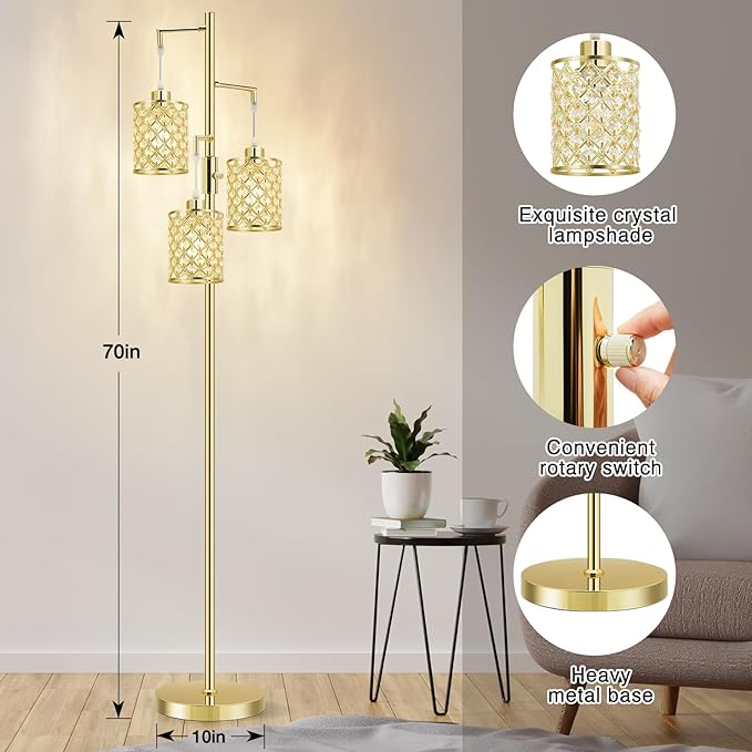 GyroVu Morden Gold Crystal Floor Lamps for Living Room, 3-Light Standing Tall Lamp with Elegant K9 Crystal Shade & Rotary Switch, Modern Corner Floor Lamp for, Bedroom, Home Office, Reading