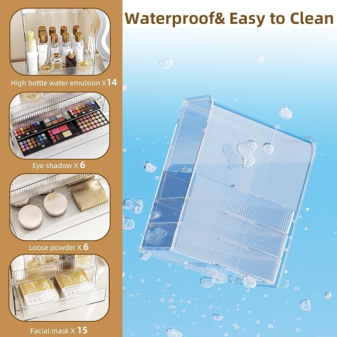 GearFusion 3 Tier Clear Cosmetic Organizer, Makeup Display Case with Lid & Drawers, Countertop Dresser Vanity Storage Box, Beauty Holder for Skincare Lipstick Brush