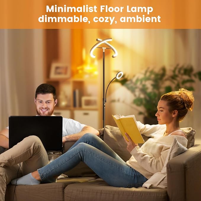 Upgraded 2-in-1 LED Floor Lamp - Dimmable Mother-Daughter Standing Lamp with Remote&Touch Control, 29W Bright Floor Reading Light, Black Modern Standing Light for Living Room Bedroom Office