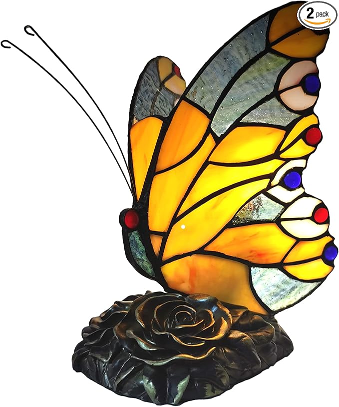 Bedside Table Lamp LED Tiffany Table Lamps Yellow Butterfly Stained Glass Shade ON Off Switch Night Light Side Table lamp for Living Room Bedroom Farmhouse Mothers Day Gifts