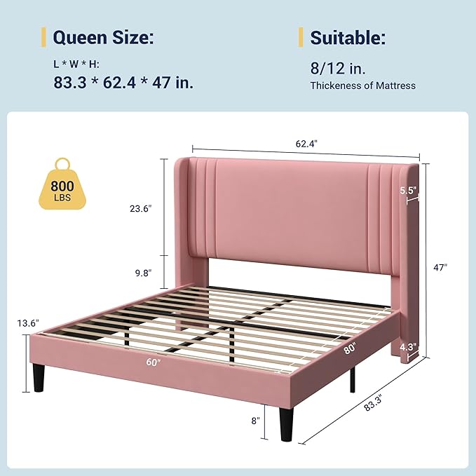 Allewie Queen Size Velvet Platform Bed Frame with Vertical Tufted Wingback Headboard, Easy Assembly, Under Bed Storage, No Box Spring Required, Modern Style, Pink