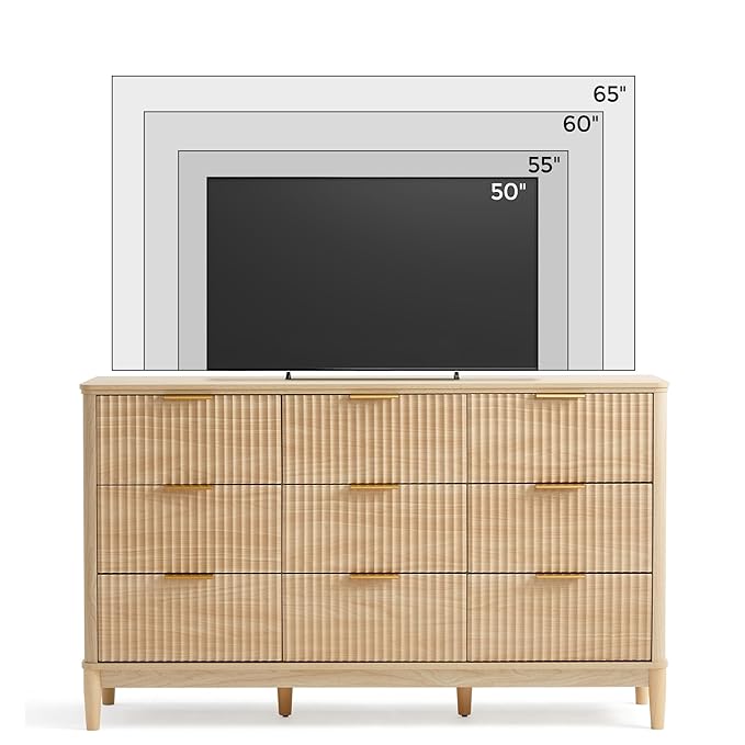 LINSY HOME Fluted Dresser for Bedroom with 9 Drawers, 58" Wide Chest of Drawers, Mid Century Modern Dresser TV Stand with Metal Handle, Wood Closet Storage Cabinet for Living Room, Hallway, Oak