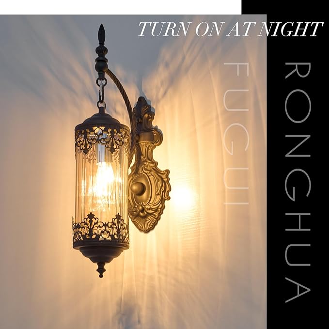 Rustic Wall Sconce with Amber Glass Mini Vintage Antique Gothic Wall Light Fixture Retro Farmhouse Mid Centry Lantern Wall Sconce for Bedroom, Hallway, Living Room, Mirror, Black, E12