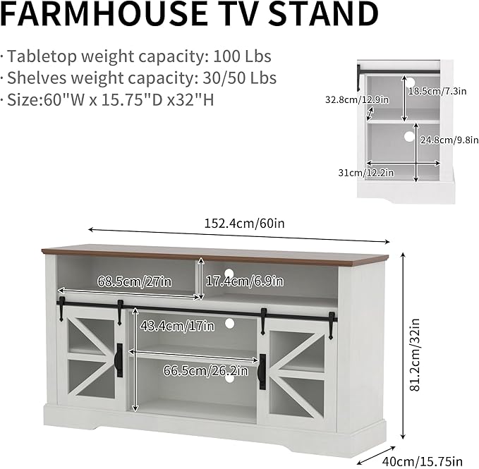 Farmhouse TV Stand,60-Inch TV Entertainment Center with Storage,Sliding Barn Doors and Adjustable Shelves,Suitable for TVs 24-70 Inches,for Living Room,Bedroom and Office